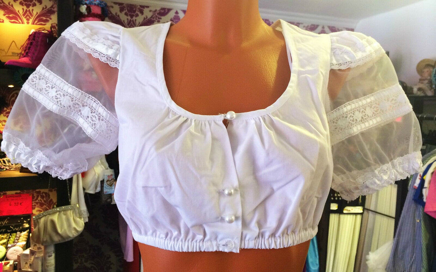 Dirndlbluse Krüger Madl, weiß, Knöpfe, transparente Puffärmel Dirndlblusen Krüger