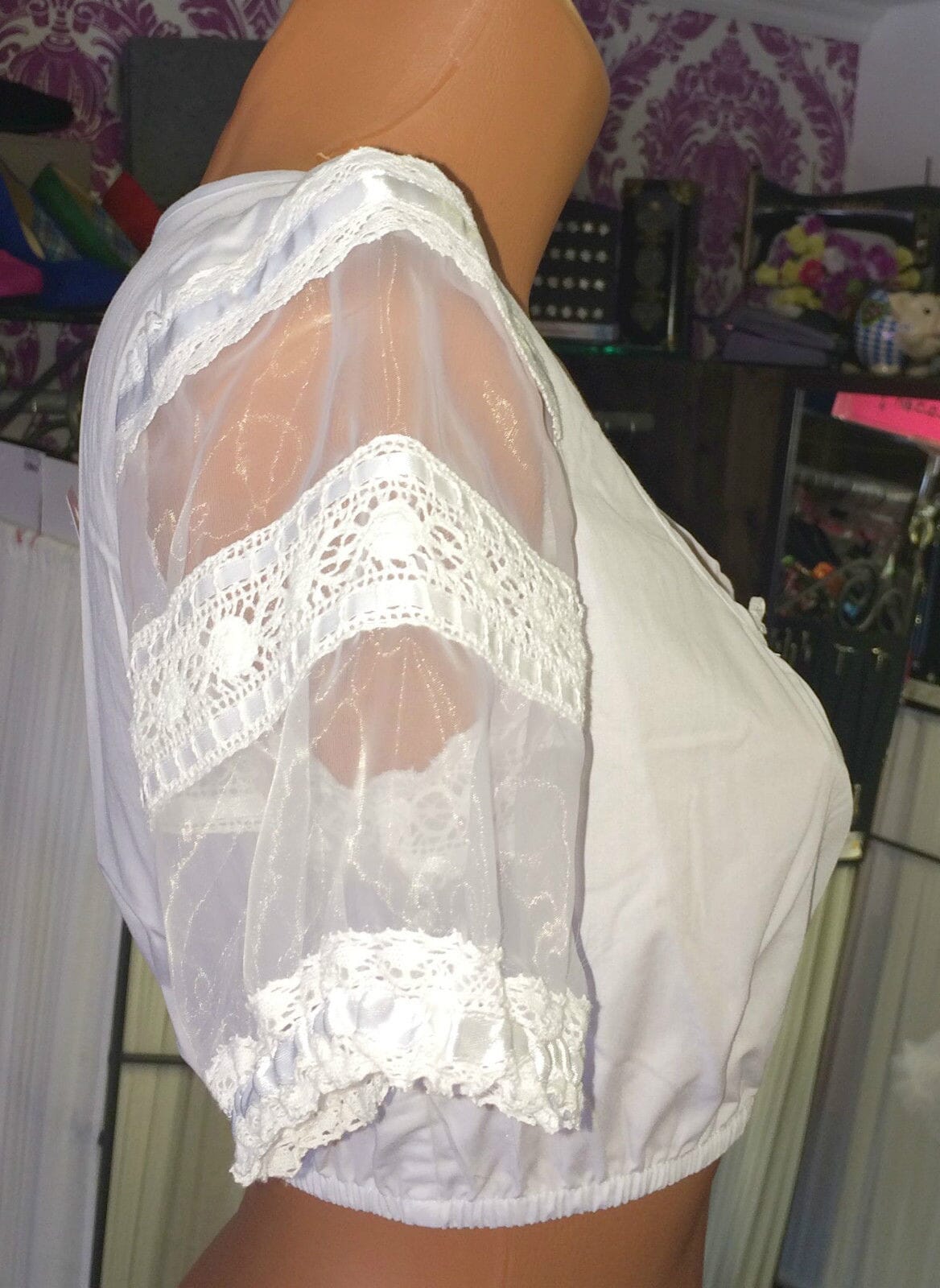 Dirndlbluse Krüger Madl, weiß, Knöpfe, transparente Puffärmel Dirndlblusen Krüger