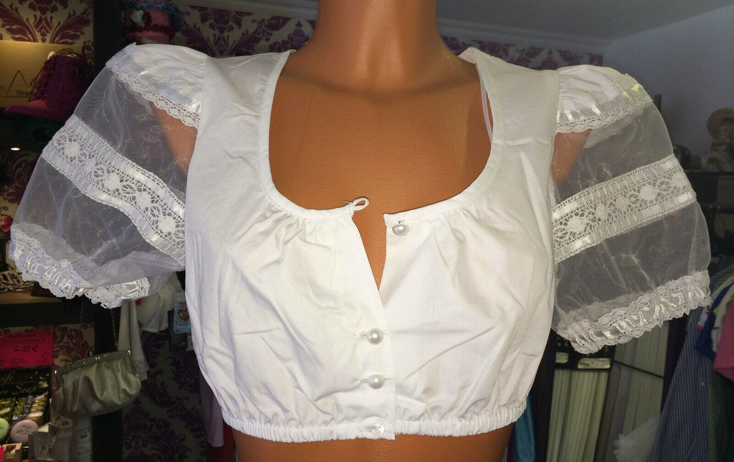 Dirndlbluse Krüger Madl, weiß, Knöpfe, transparente Puffärmel Dirndlblusen Krüger