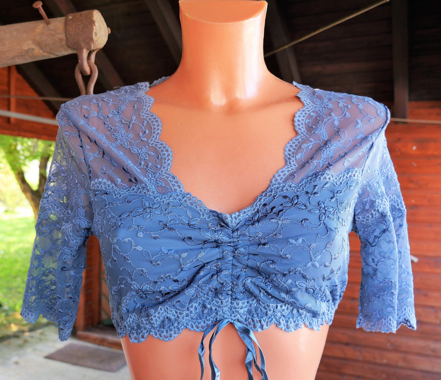 Dirndlbluse Nina von C., blau, Mona, halbarm, Zugband, Spitze, Gr. 40 Dirndlblusen Nina von C.