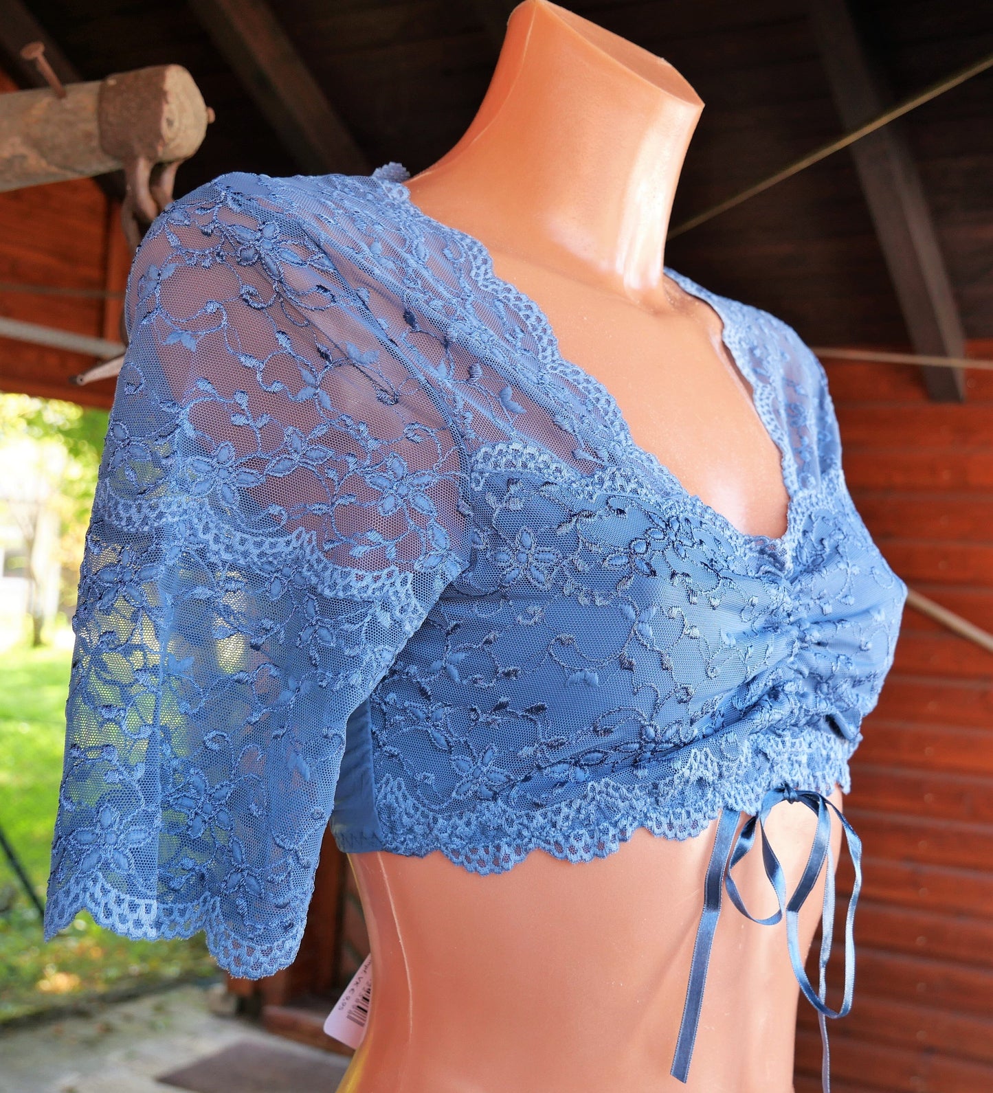 Dirndlbluse Nina von C., blau, Mona, halbarm, Zugband, Spitze, Gr. 40 Dirndlblusen Nina von C.