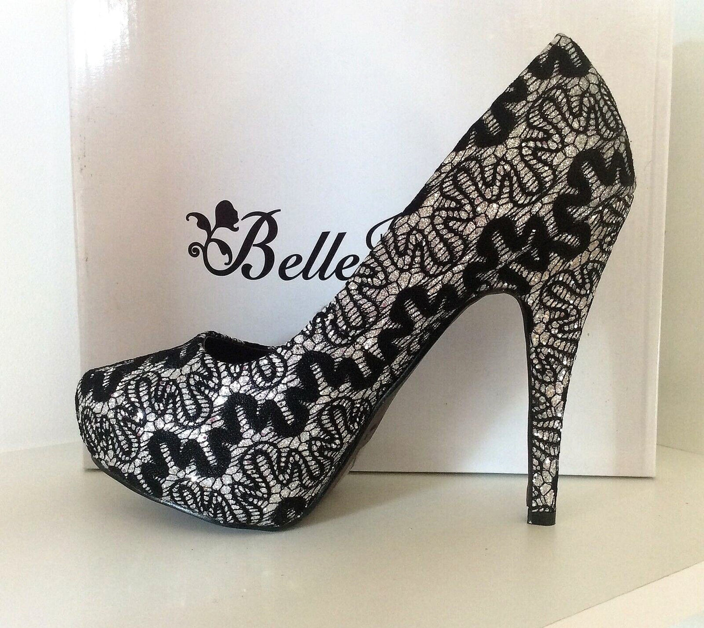 Pumps, Stiletto Schuhe, Spitze, schwarz silber Schuhe Belle Women