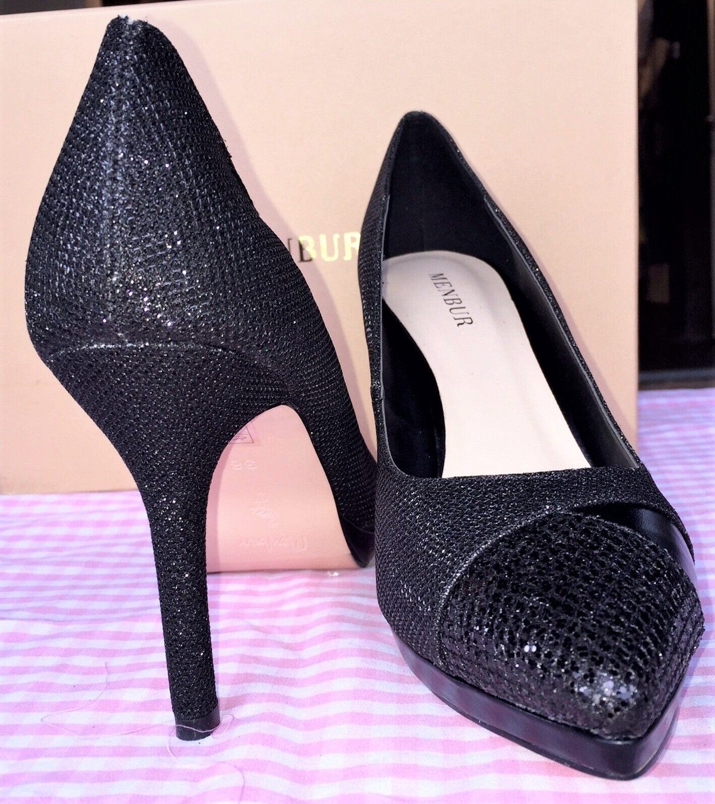 Pumps, the essence Menbur Schuhe, Materialmix schwarz Glitzer Schuhe Menbur