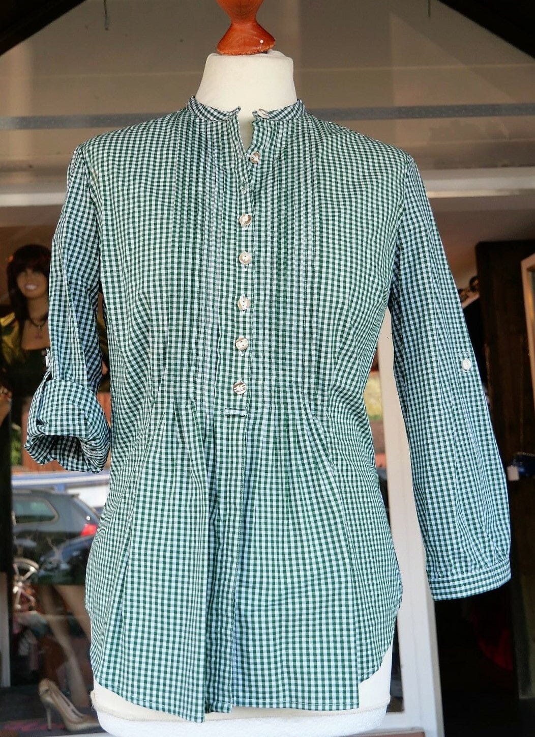 Trachten Bluse, Trachtenbluse, Almsach, grün kariert, langarm Bluse Almsach