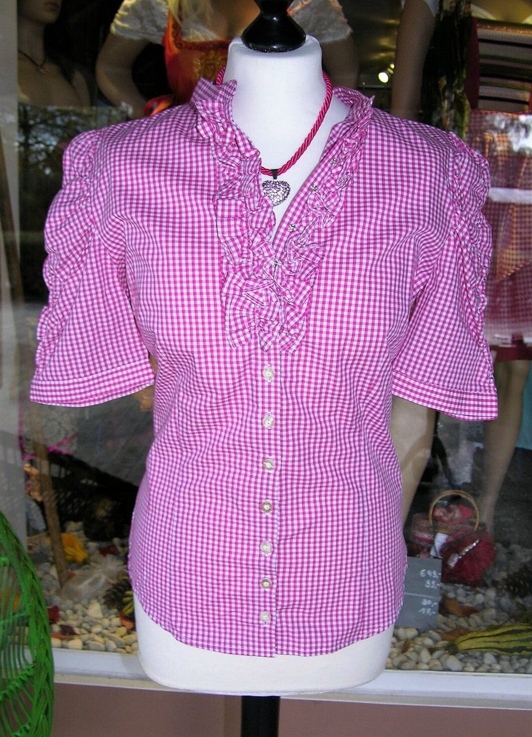 Trachten Bluse, Trachtenbluse, Almsach, kariert pink, halbarm Bluse Almsach