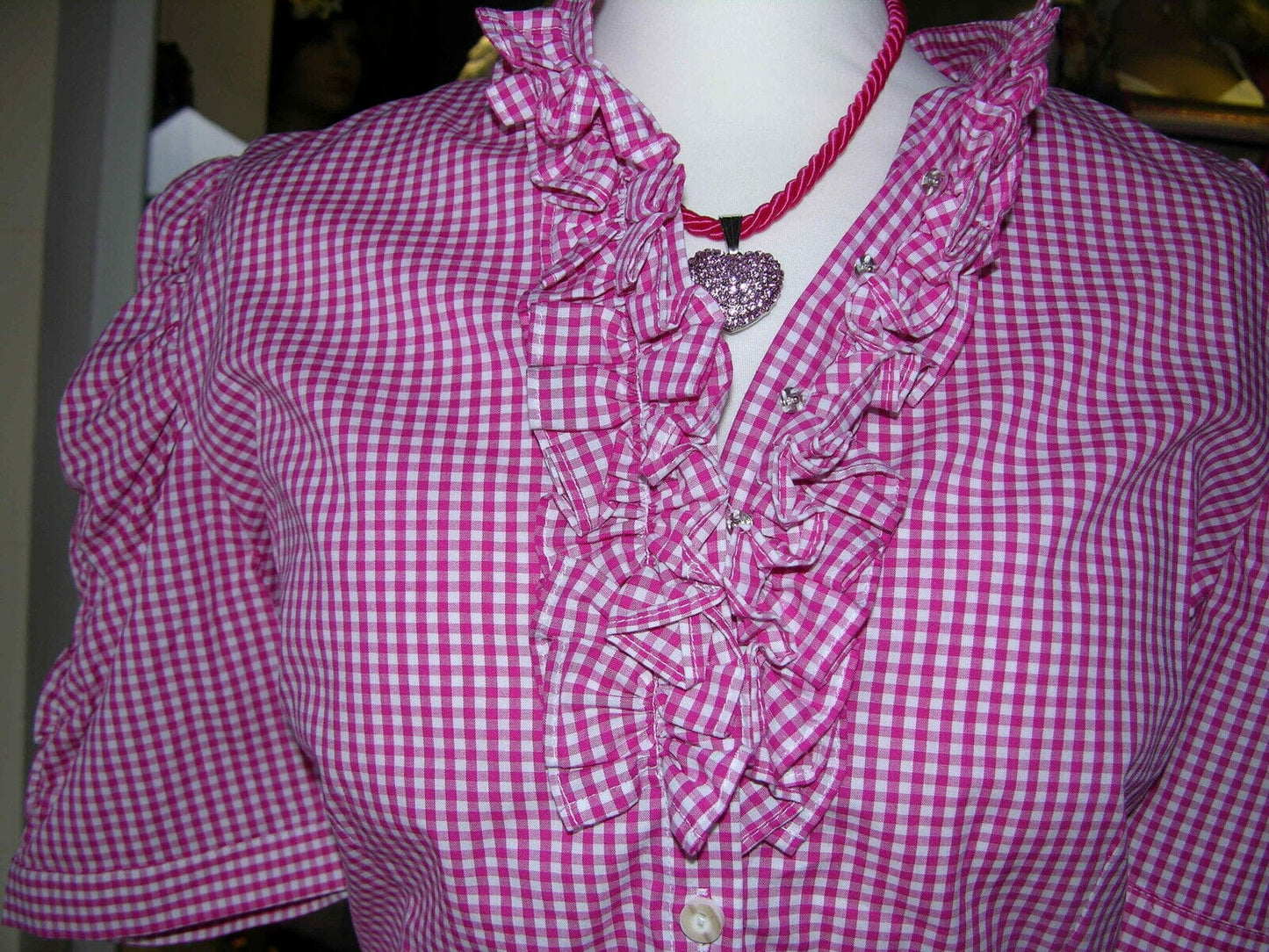 Trachten Bluse, Trachtenbluse, Almsach, kariert pink, halbarm Bluse Almsach