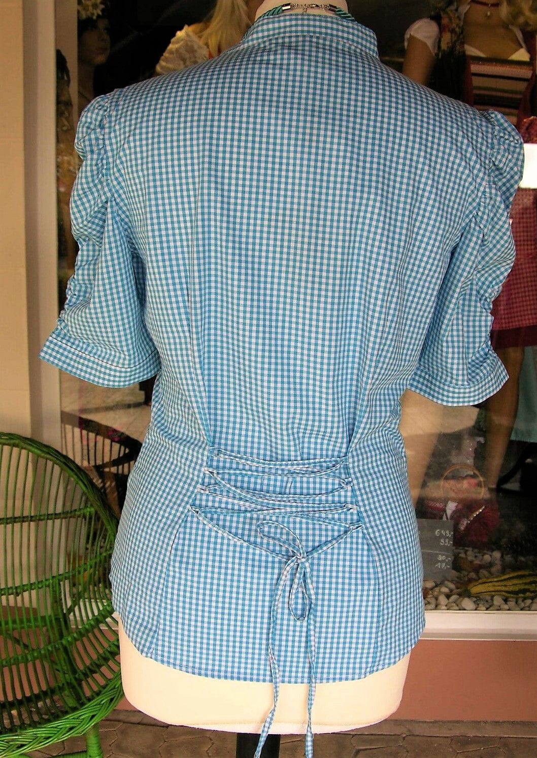 Trachten Bluse, Trachtenbluse, Almsach, kariert türkis blau, halbarm Bluse Almsach