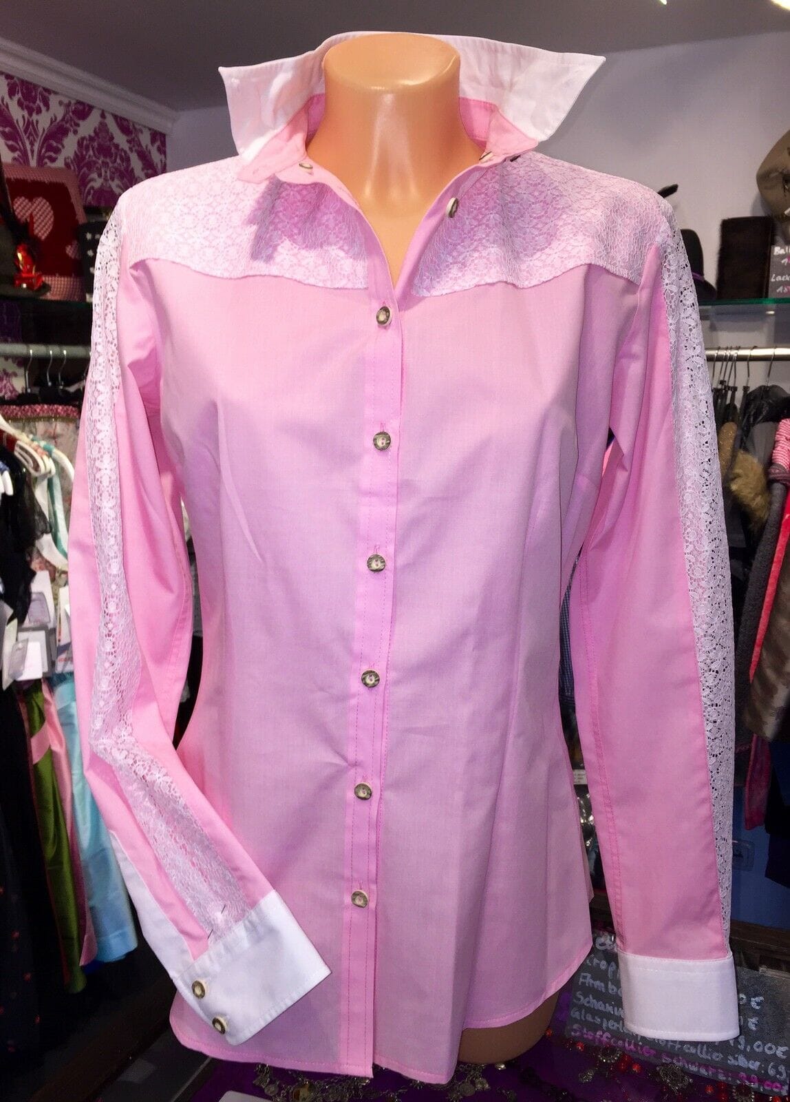 Trachten Bluse, Trachtenbluse Wiesnkönig, rosa, langarm Bluse Wiesnkönig