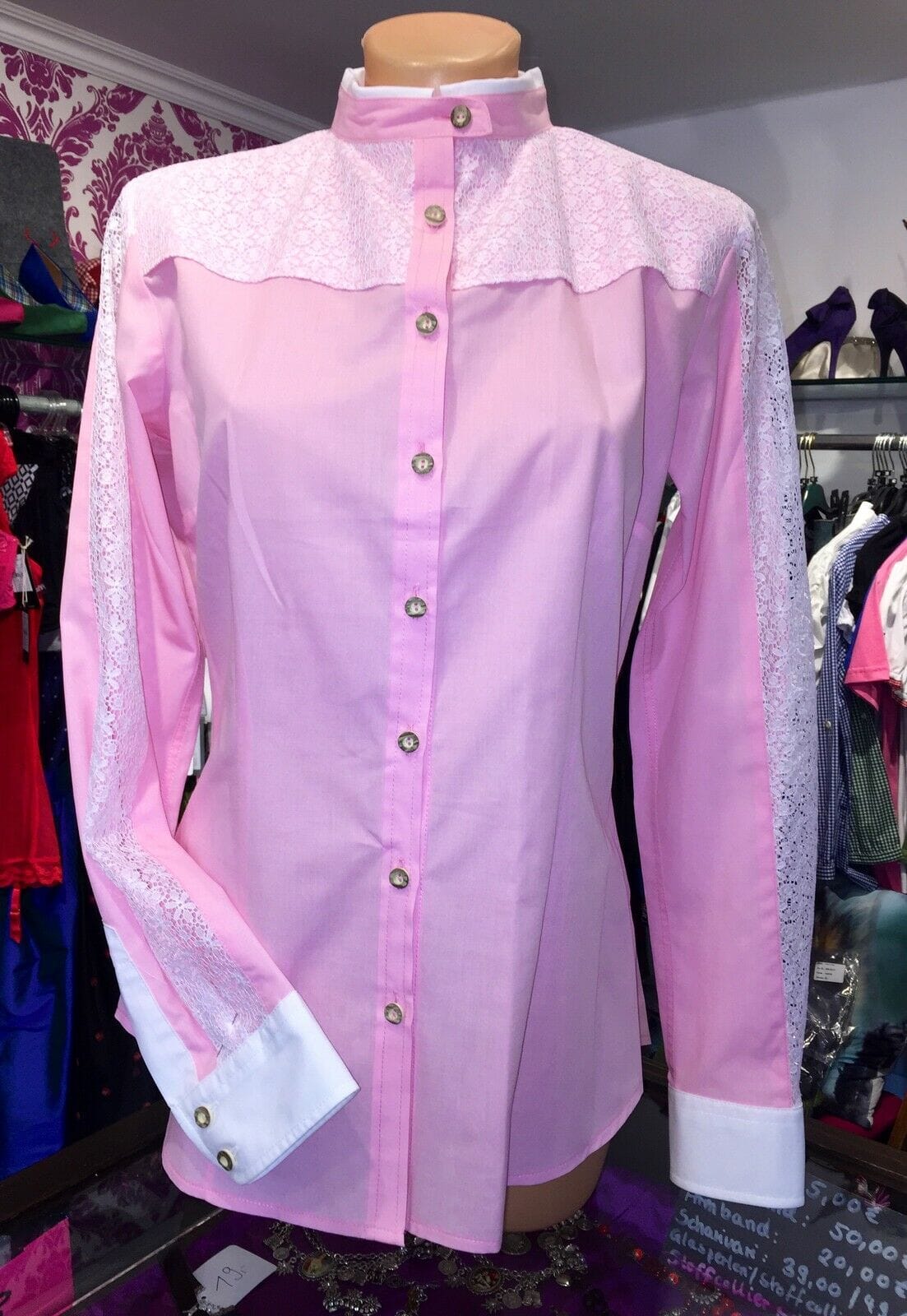 Trachten Bluse, Trachtenbluse Wiesnkönig, rosa, langarm Bluse Wiesnkönig