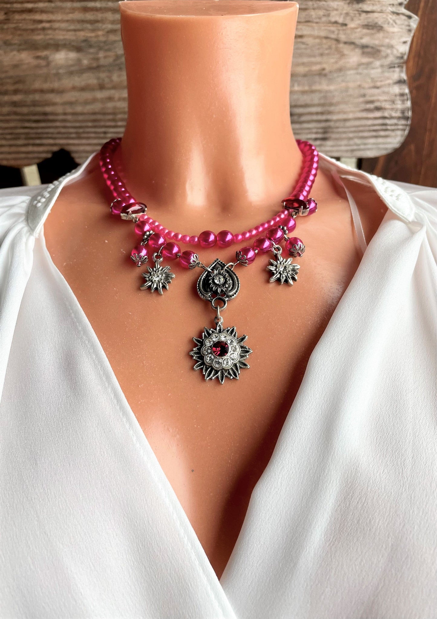 Trachten Kette Collier, pink, Blüten Perlen Kette Alpenwahn