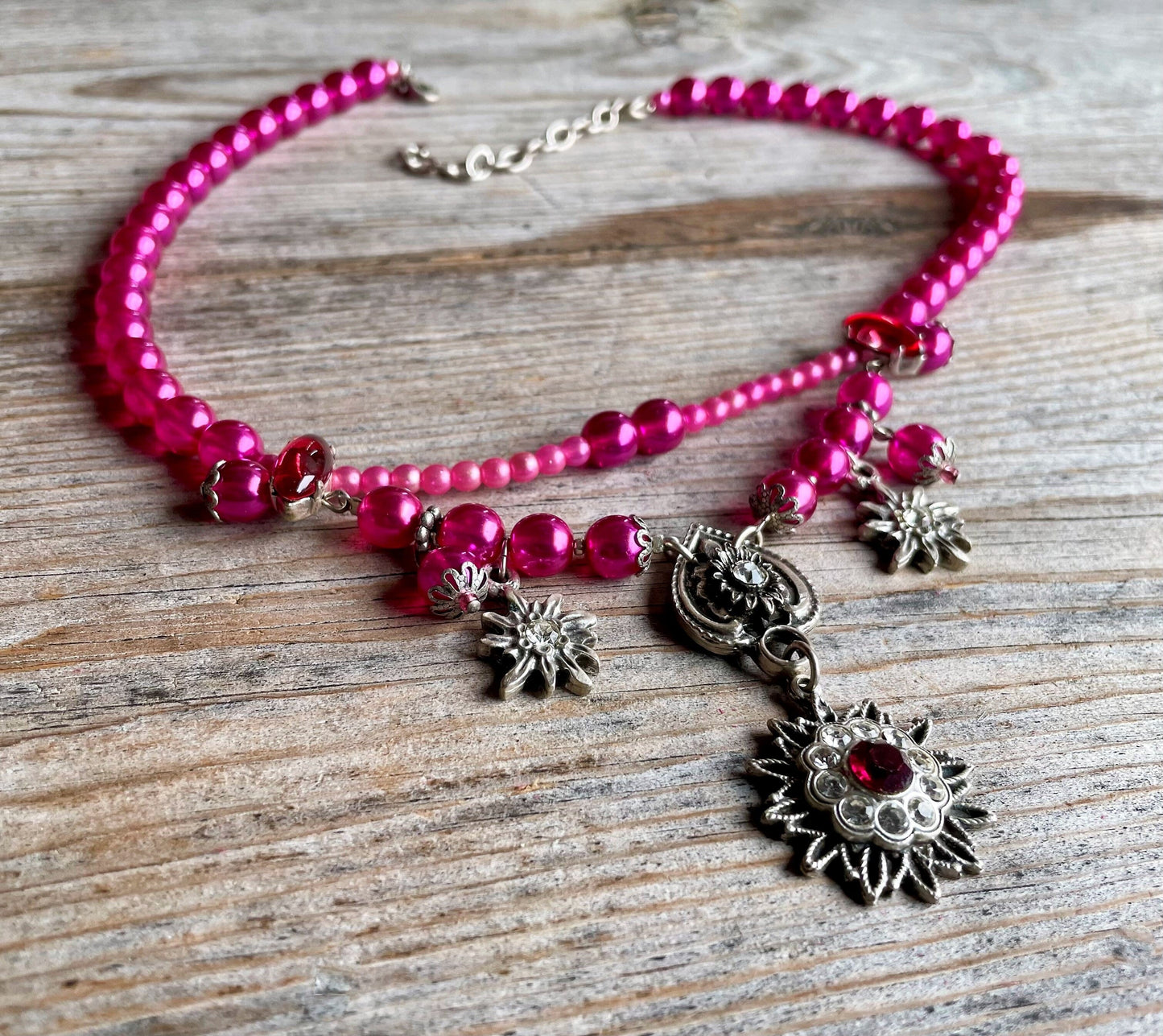 Trachten Kette Collier, pink, Blüten Perlen Kette Alpenwahn