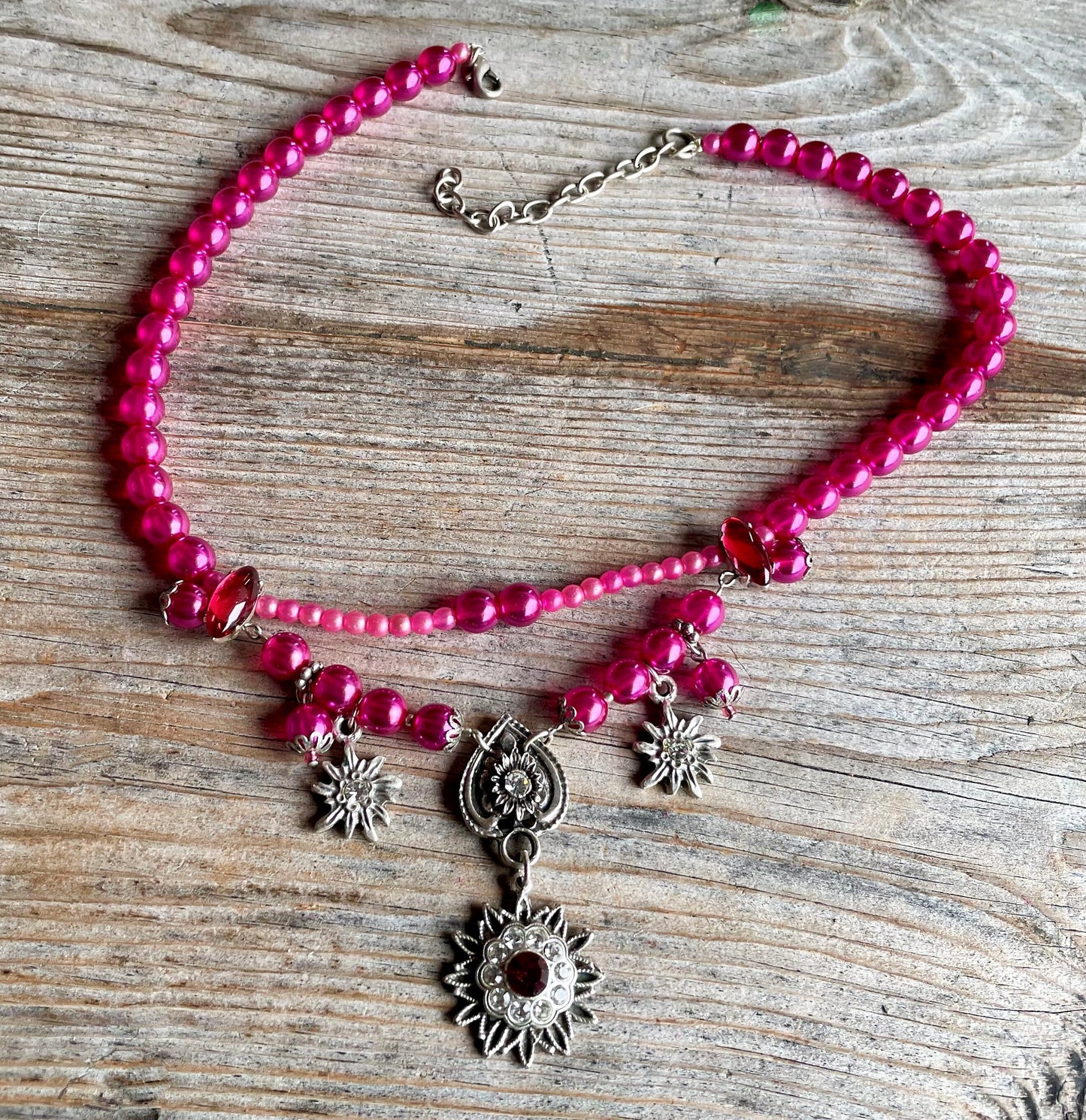 Trachten Kette Collier, pink, Blüten Perlen Kette Alpenwahn