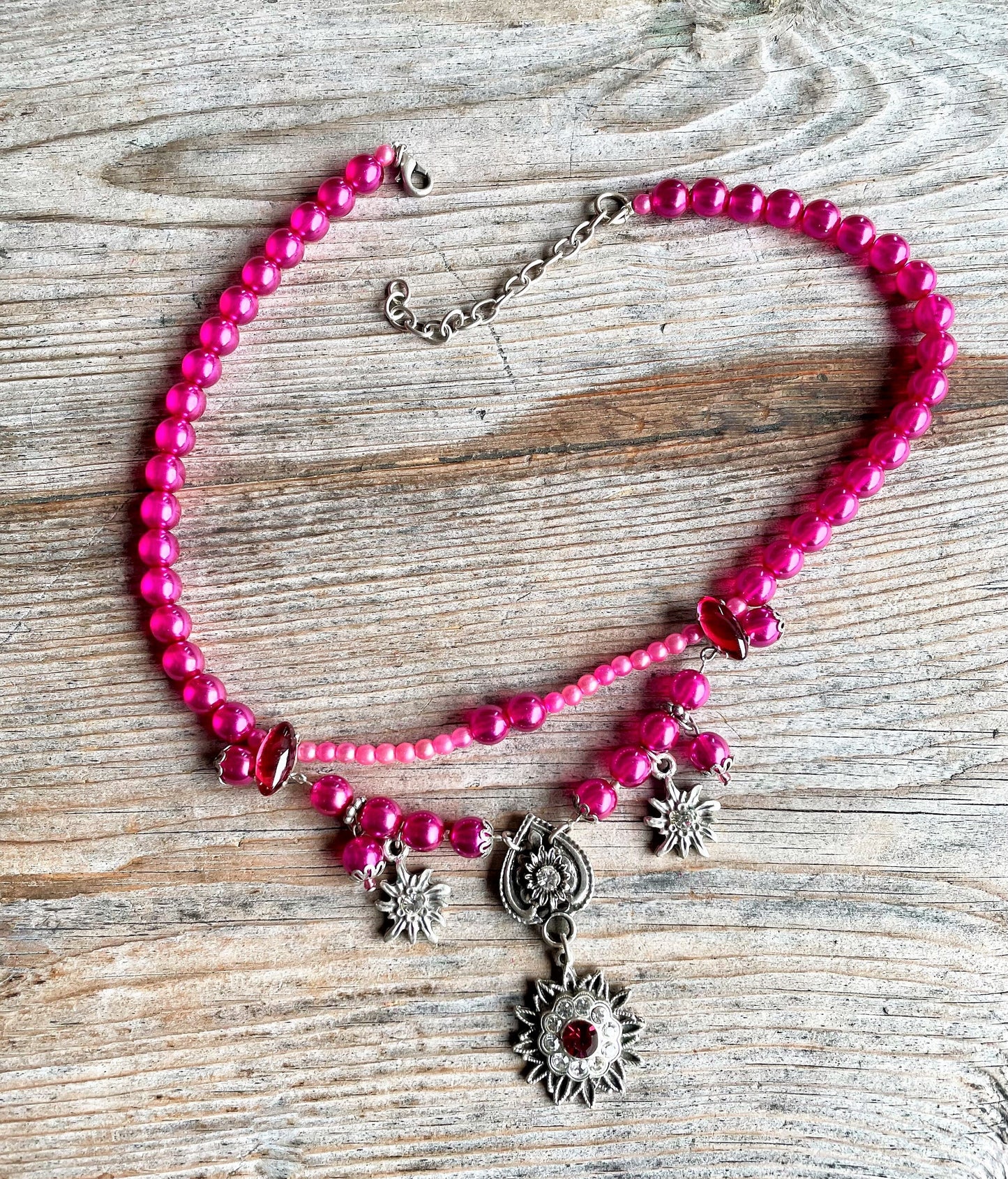 Trachten Kette Collier, pink, Blüten Perlen Kette Alpenwahn