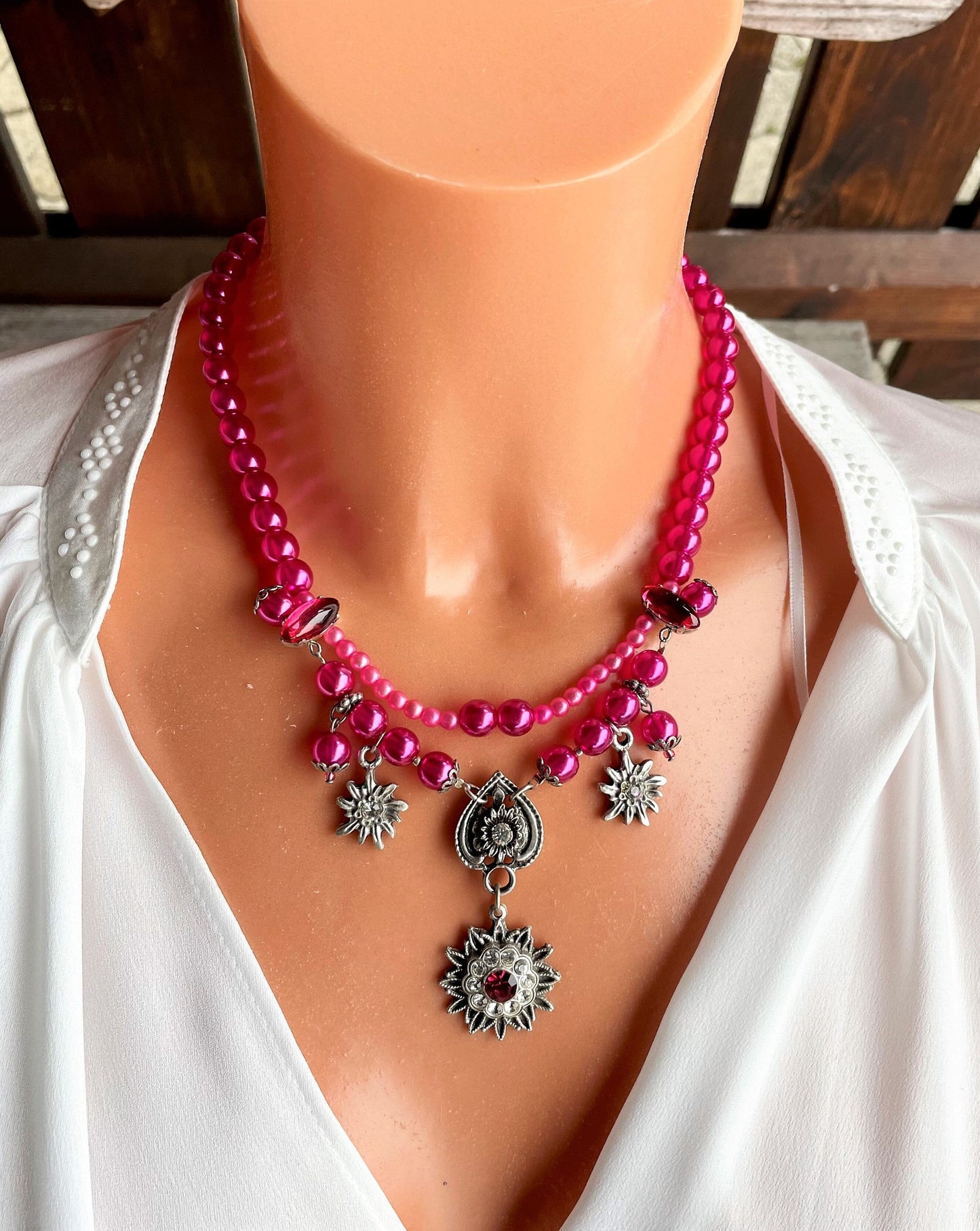 Trachten Kette Collier, pink, Blüten Perlen Kette Alpenwahn
