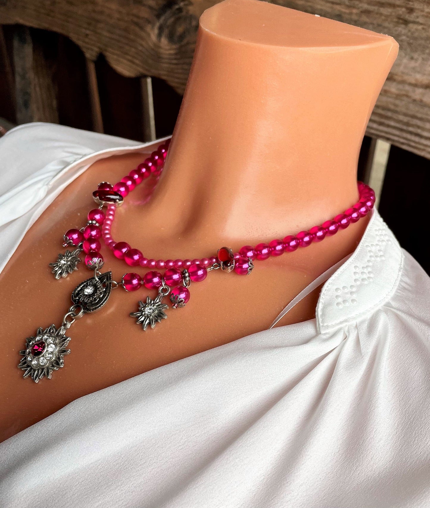 Trachten Kette Collier, pink, Blüten Perlen Kette Alpenwahn
