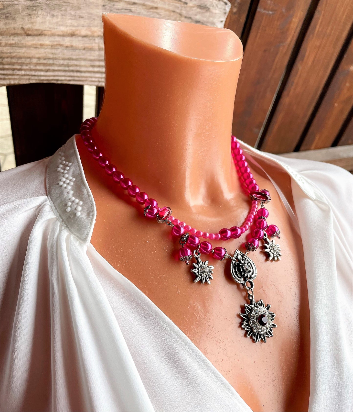 Trachten Kette Collier, pink, Blüten Perlen Kette Alpenwahn