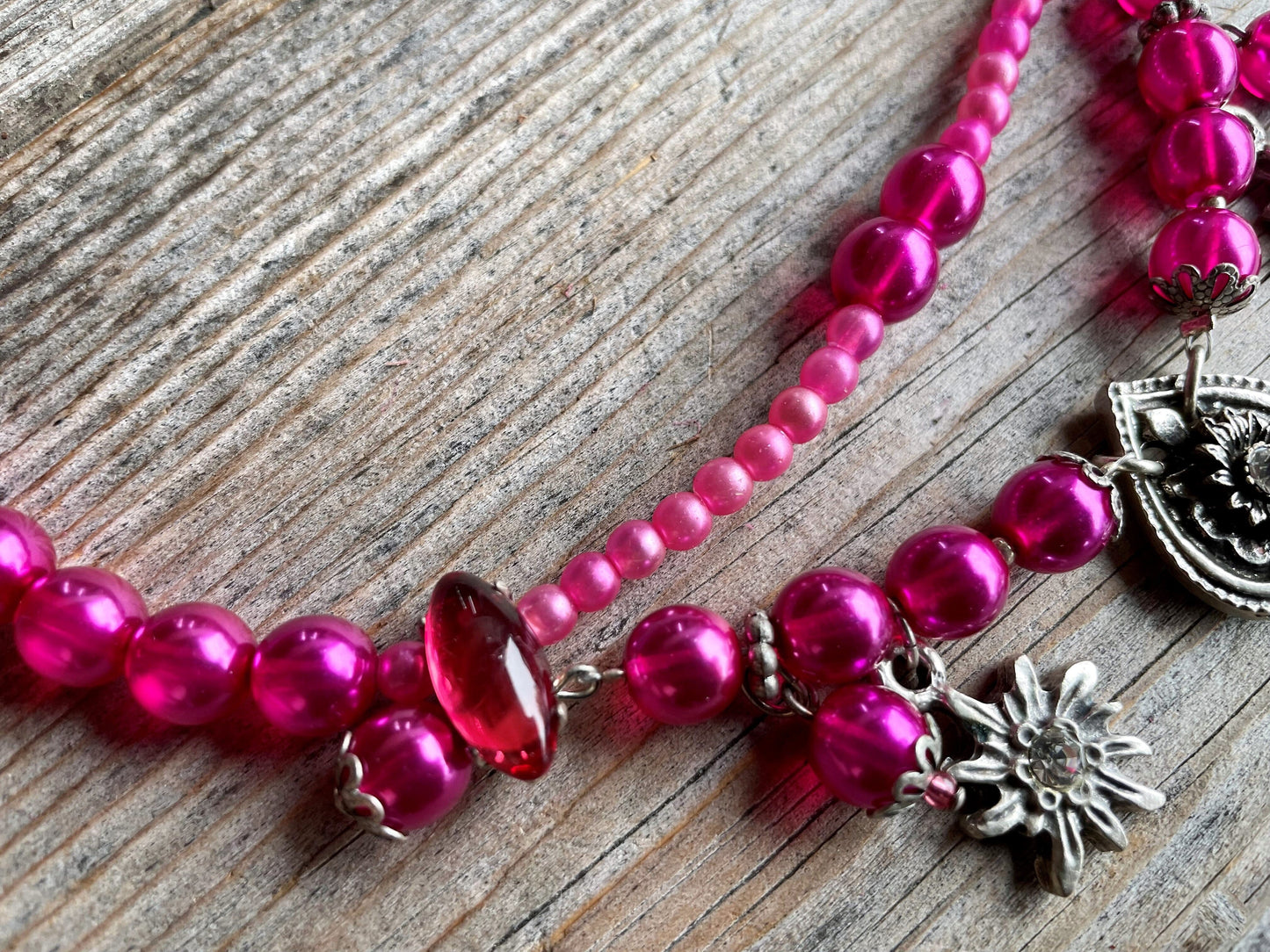 Trachten Kette Collier, pink, Blüten Perlen Kette Alpenwahn