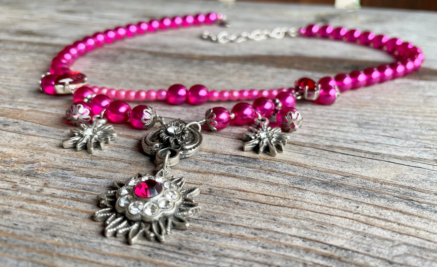 Trachten Kette Collier, pink, Blüten Perlen Kette Alpenwahn