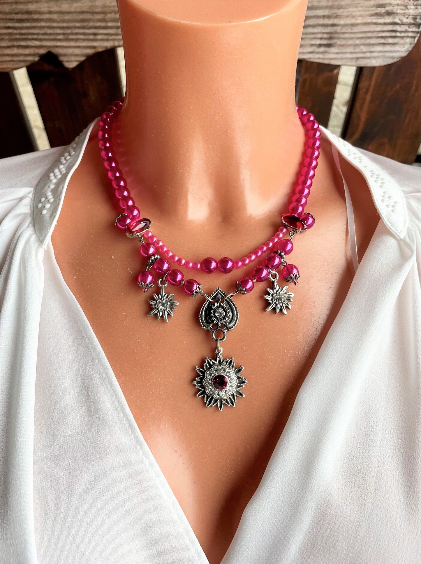 Trachten Kette Collier, pink, Blüten Perlen Kette Alpenwahn