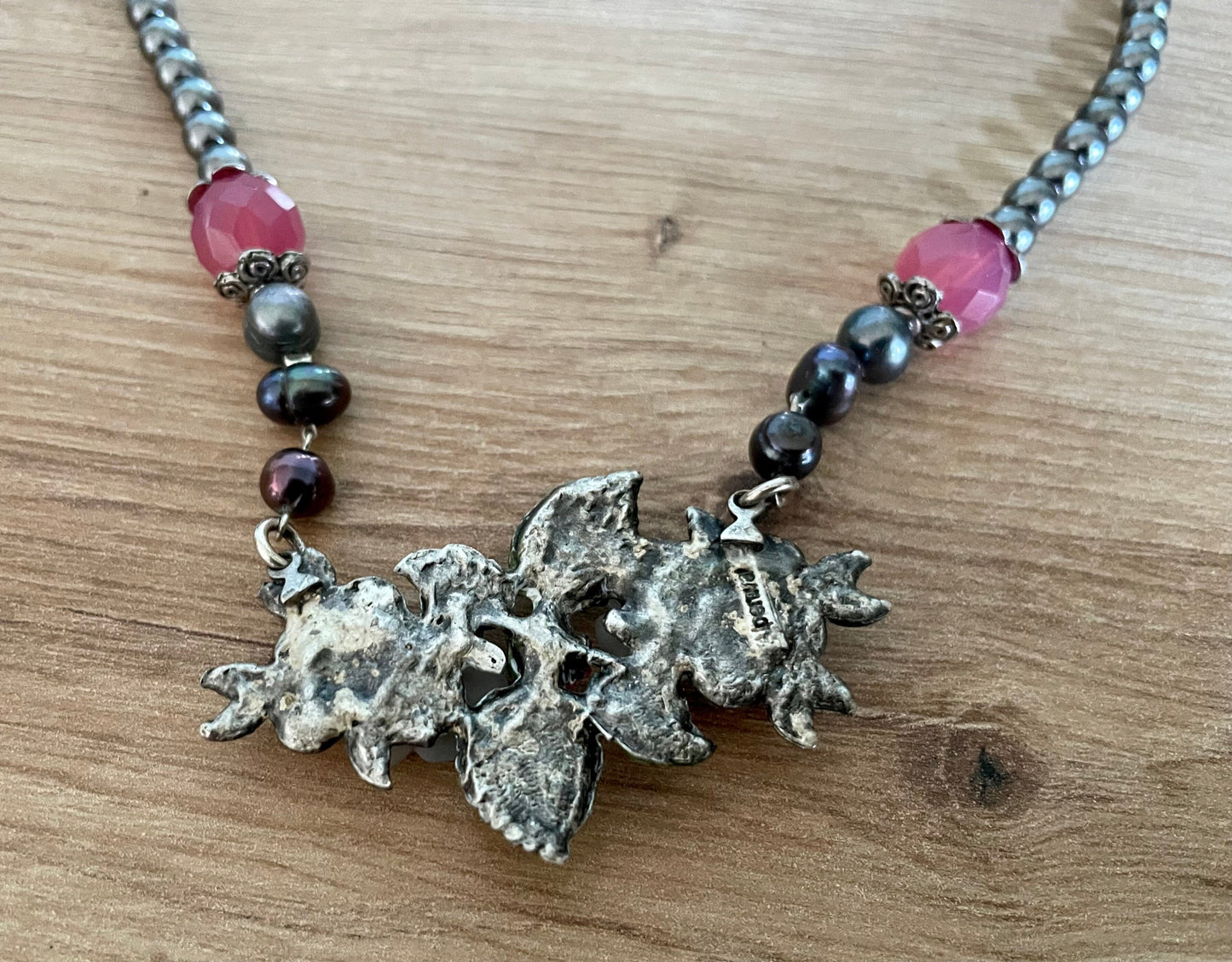 Trachten Kette Collier, pink, grau Blüten Perlen Kette Alpenwahn