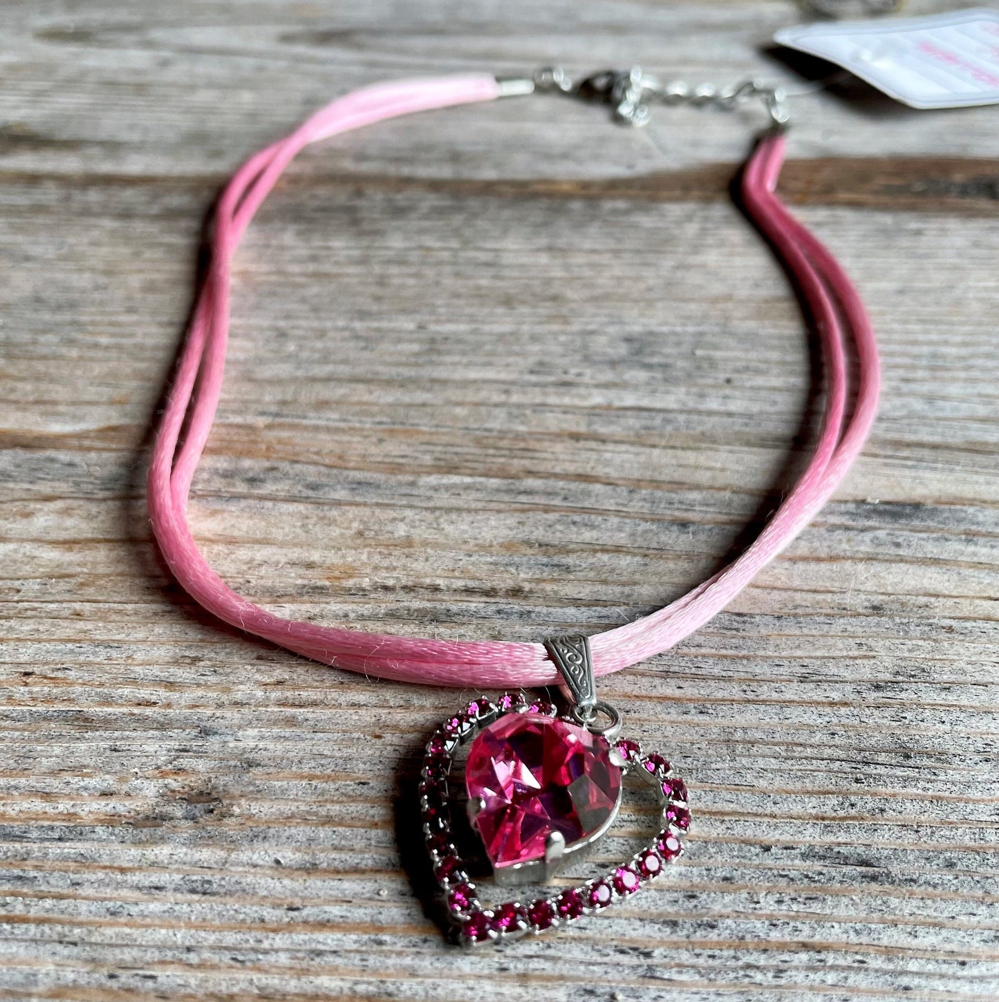 Trachten Kette rosa Satinband mit Swarowski Herz Kette Alpenwahn