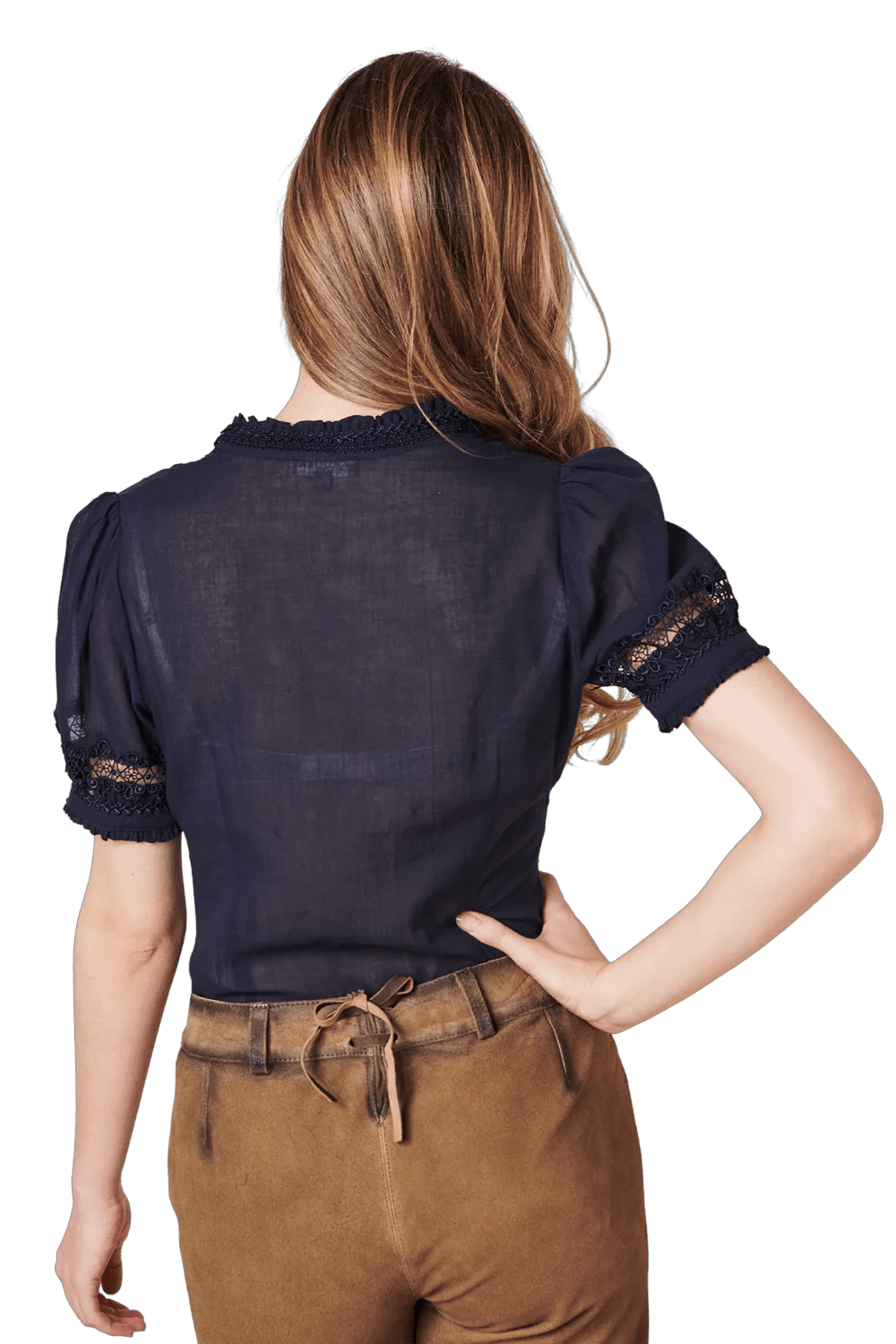 Trachtenbluse, Krüger Madl, kurzarm, Spitze, marine, Azura, Puffärmel Bluse Krüger