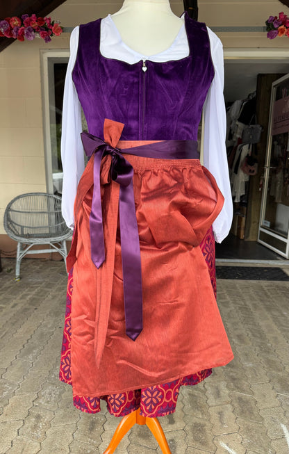 Dirndl Alpenfee, Fabienne, Orange, lila, rot, Samtdirndl, 75cm