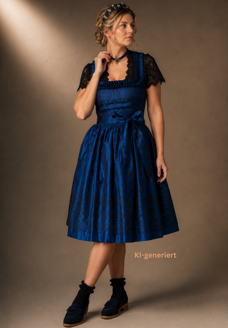 Dirndl Wenger, dunkelblau, schwarz, Midi 70 cm, Gr. 36