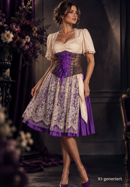 Tian von Tastique Dirndl, 4-Teiler Mieder, Rock, Schürze, lila, Gr. 38 Unikat