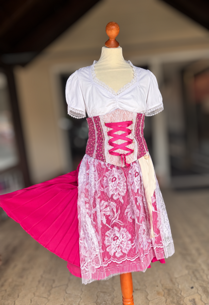 Tian von Tastique Dirndl, 4-Teiler Mieder, Rock, Schürze, pink, Gr. 38 Unikat