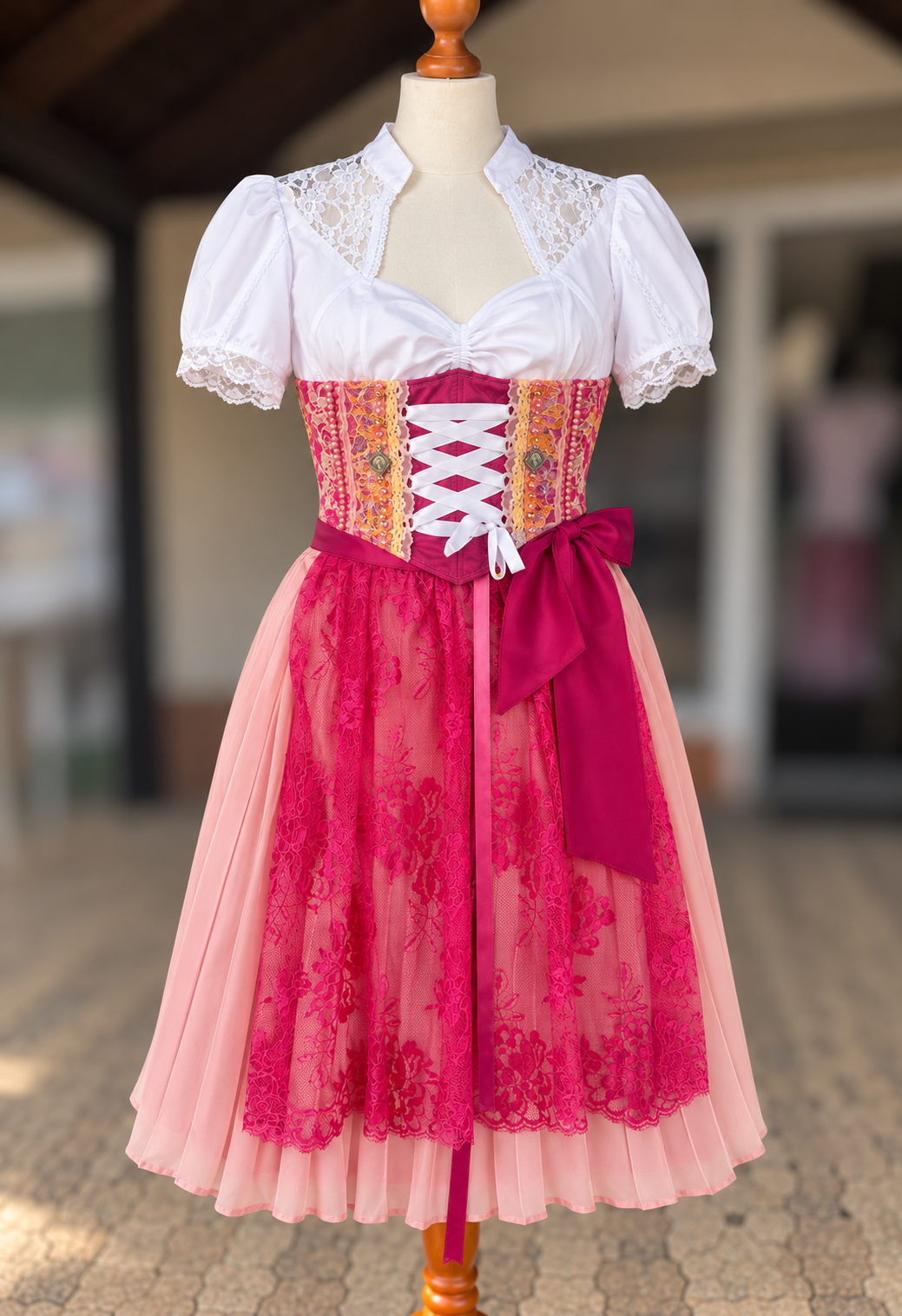Tian von Tastique Dirndl, 4-Teiler Mieder, Rock, Schürze, pink, Gr. 42 Unikat