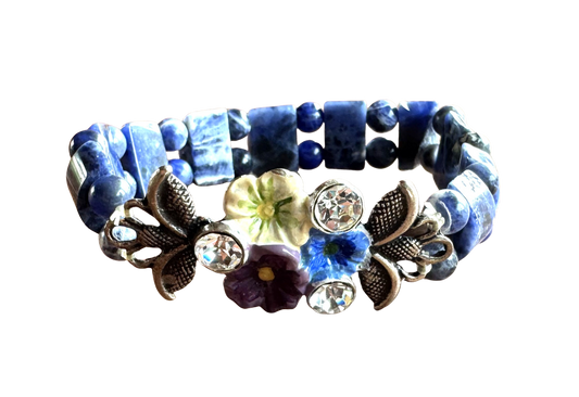 Trachten Armband, blau, Perlen, Steinchen, Blumen