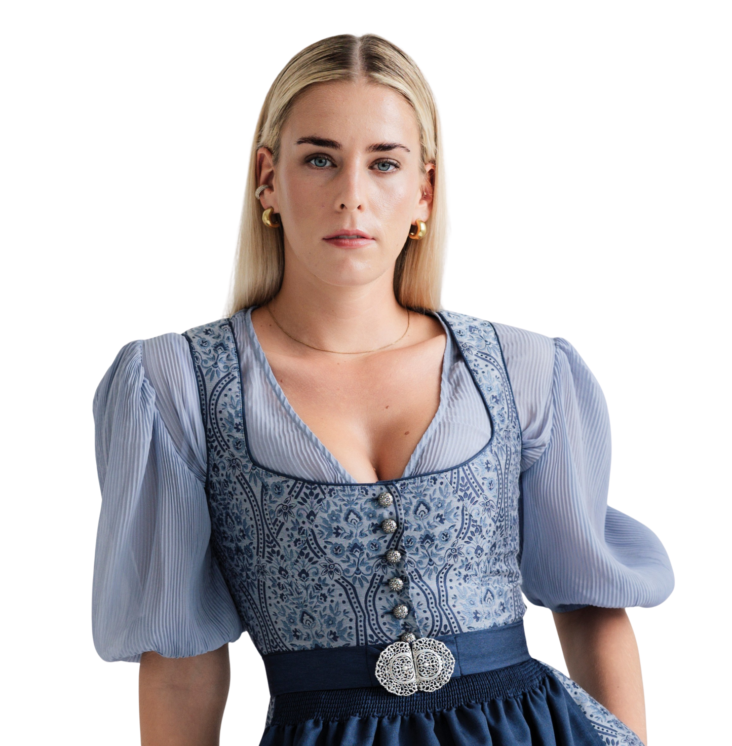 Dirndlbluse Alpenfee, Penelope, Ballonärmel, blau, Plissee