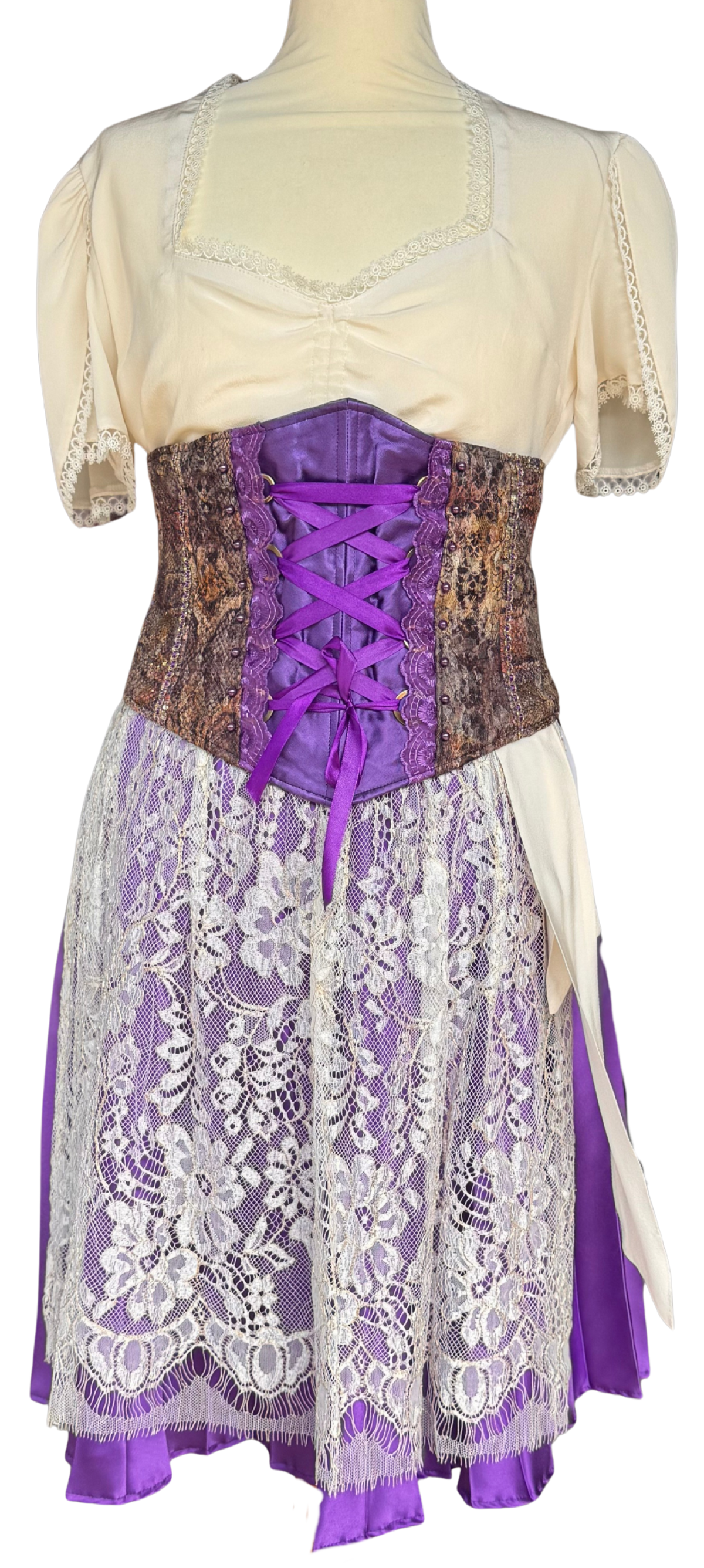 Tian von Tastique Dirndl, 4-Teiler Mieder, Rock, Schürze, lila, Gr. 38 Unikat