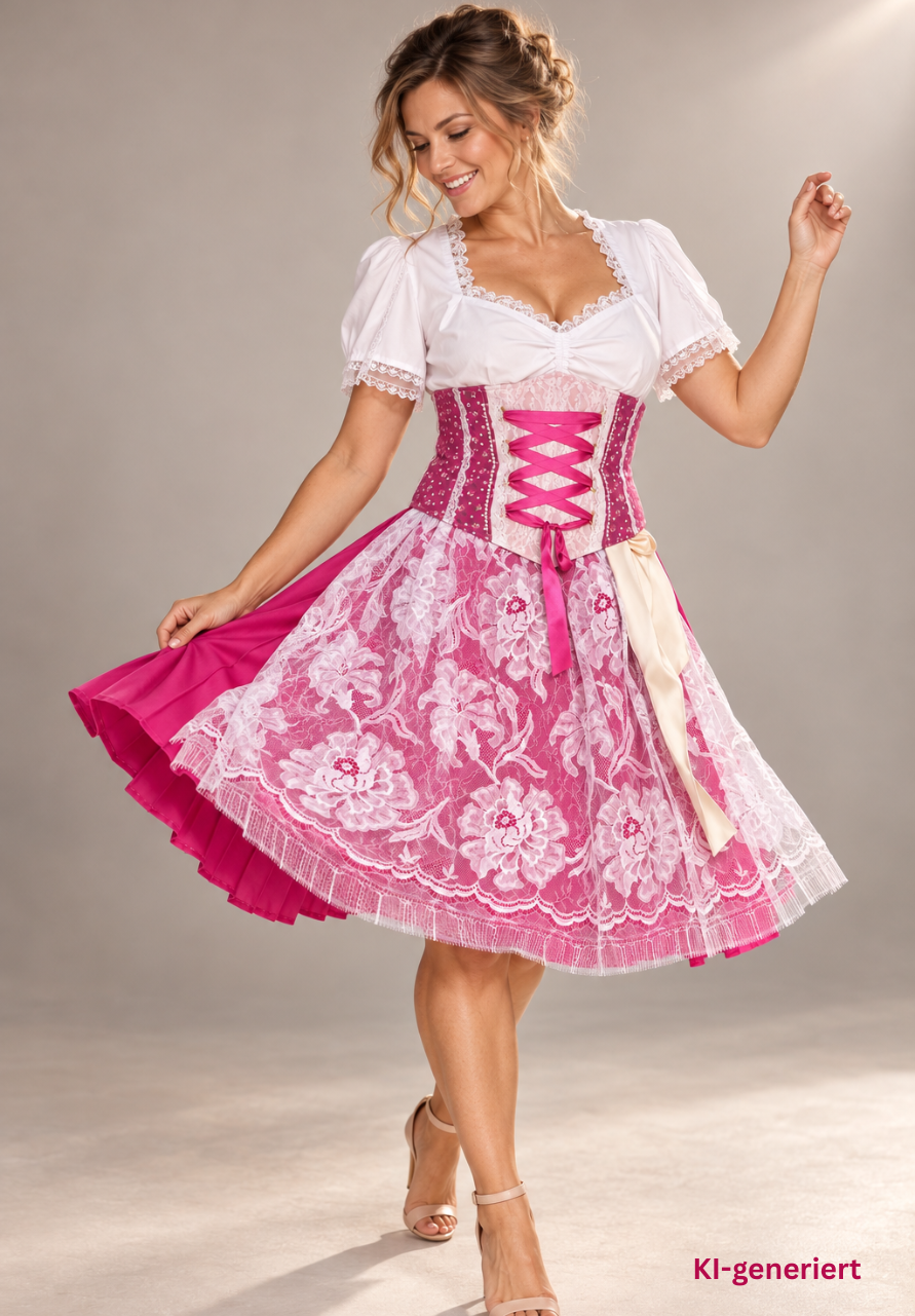 Tian von Tastique Dirndl, 4-Teiler Mieder, Rock, Schürze, pink, Gr. 38 Unikat