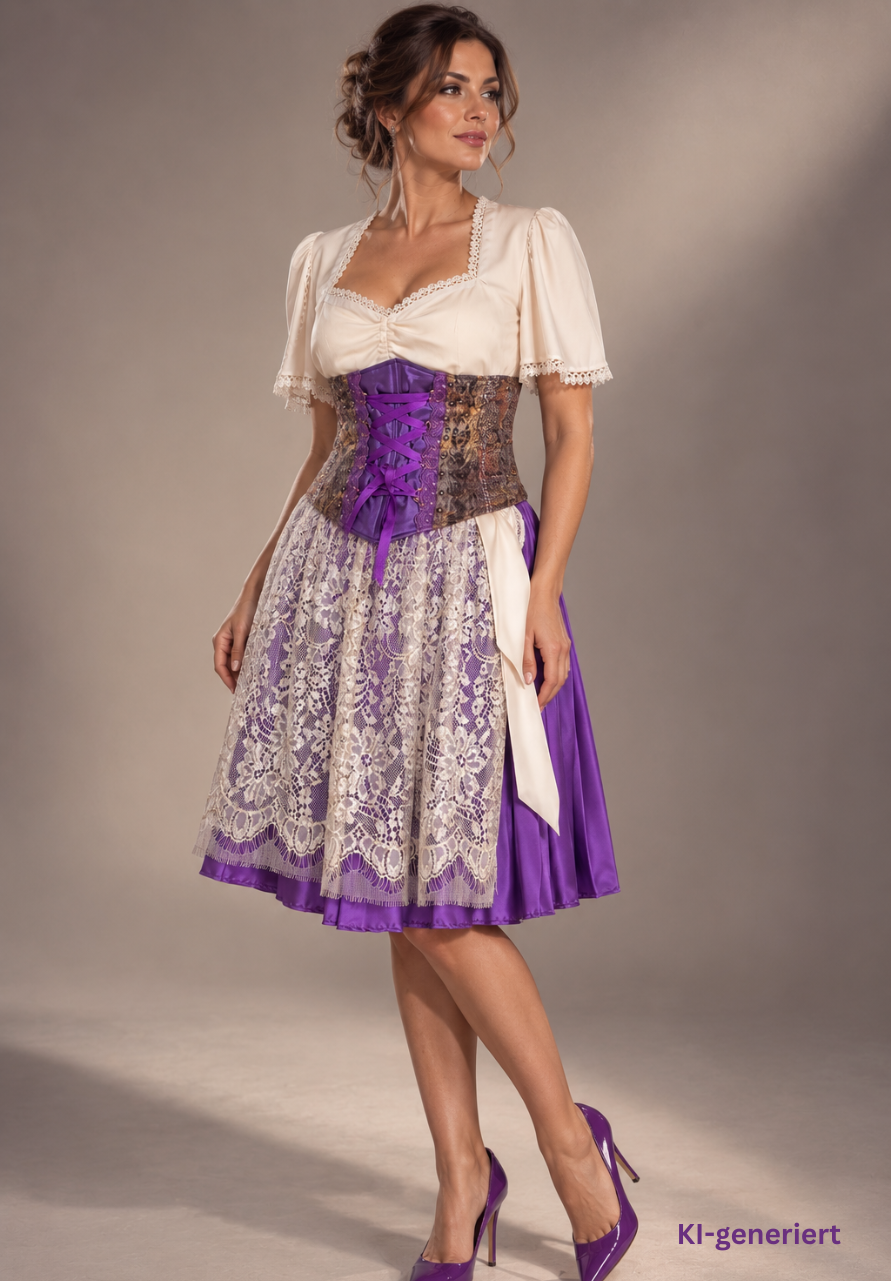 Tian von Tastique Dirndl, 4-Teiler Mieder, Rock, Schürze, lila, Gr. 38 Unikat