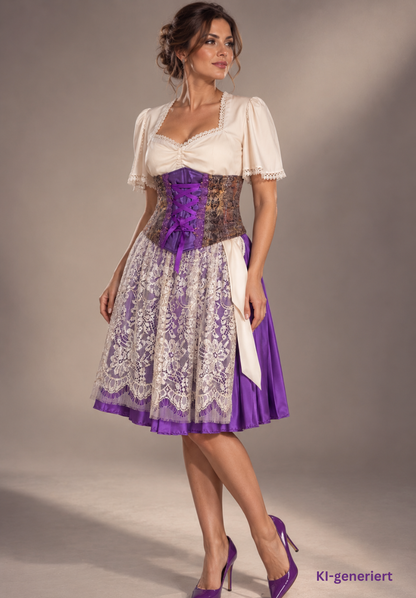 Tian von Tastique Dirndl, 4-Teiler Mieder, Rock, Schürze, lila, Gr. 38 Unikat