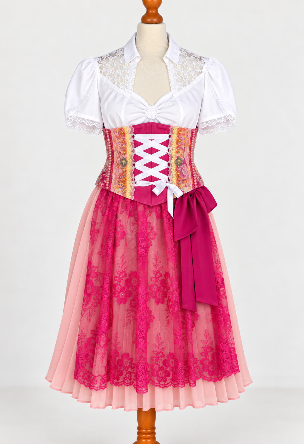 Tian von Tastique Dirndl, 4-Teiler Mieder, Rock, Schürze, pink, Gr. 42 Unikat
