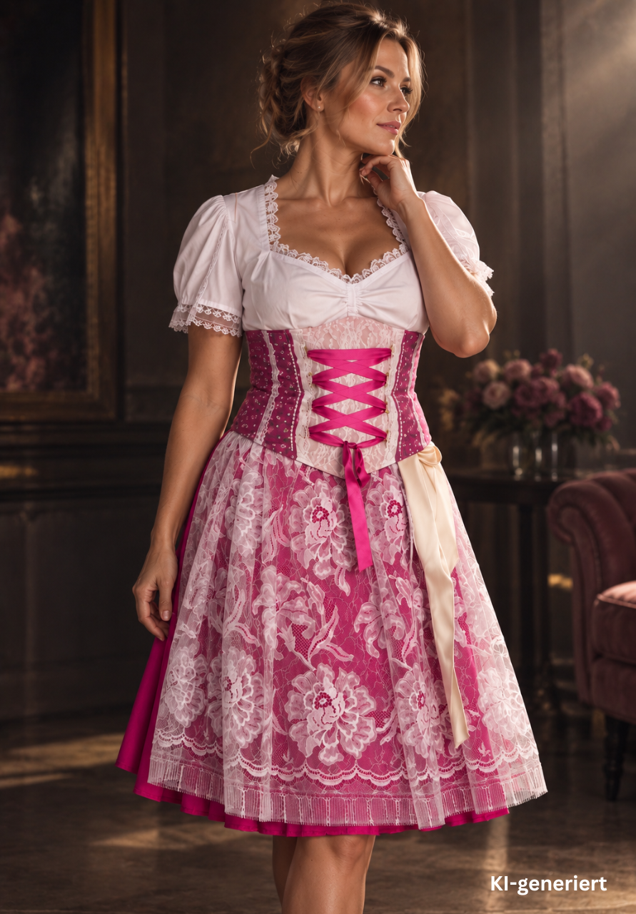 Tian von Tastique Dirndl, 4-Teiler Mieder, Rock, Schürze, pink, Gr. 38 Unikat