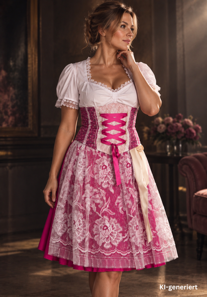 Tian von Tastique Dirndl, 4-Teiler Mieder, Rock, Schürze, pink, Gr. 38 Unikat