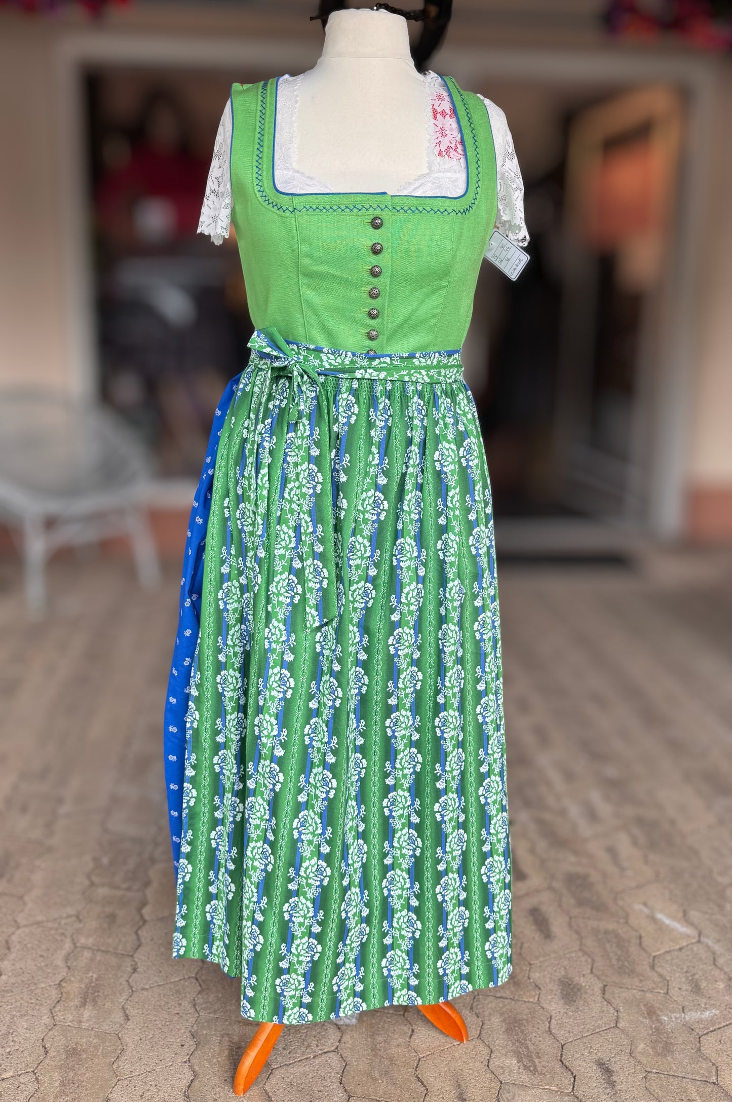Kaiseralm Dirndl, lang, Mixi Leinen, blau, grün, Gr. 44