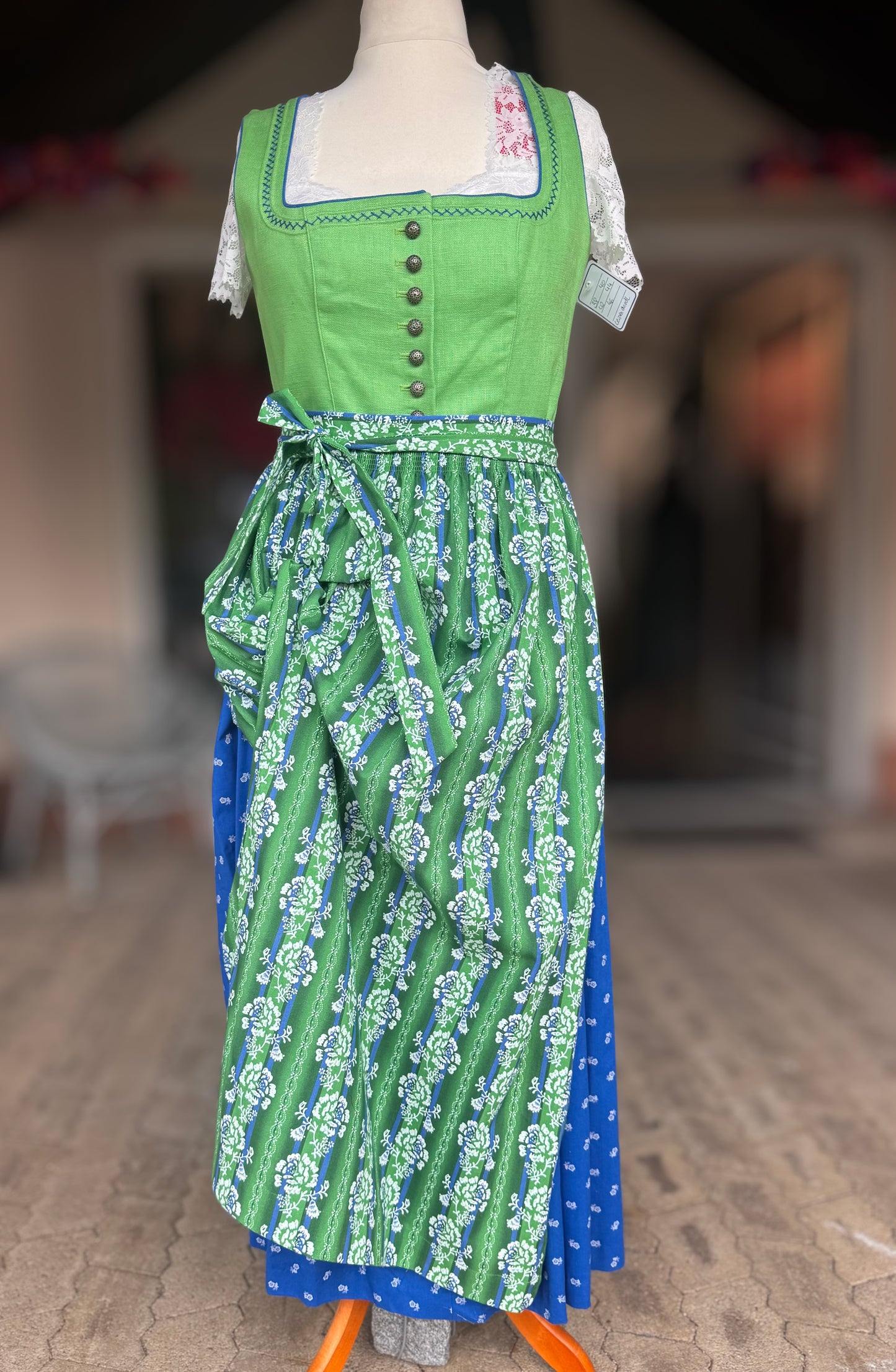 Kaiseralm Dirndl, lang, Mixi Leinen, blau, grün, Gr. 44
