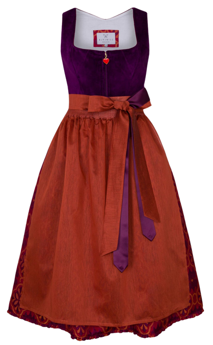 Dirndl Alpenfee, Fabienne, Orange, lila, rot, Samtdirndl, 75cm
