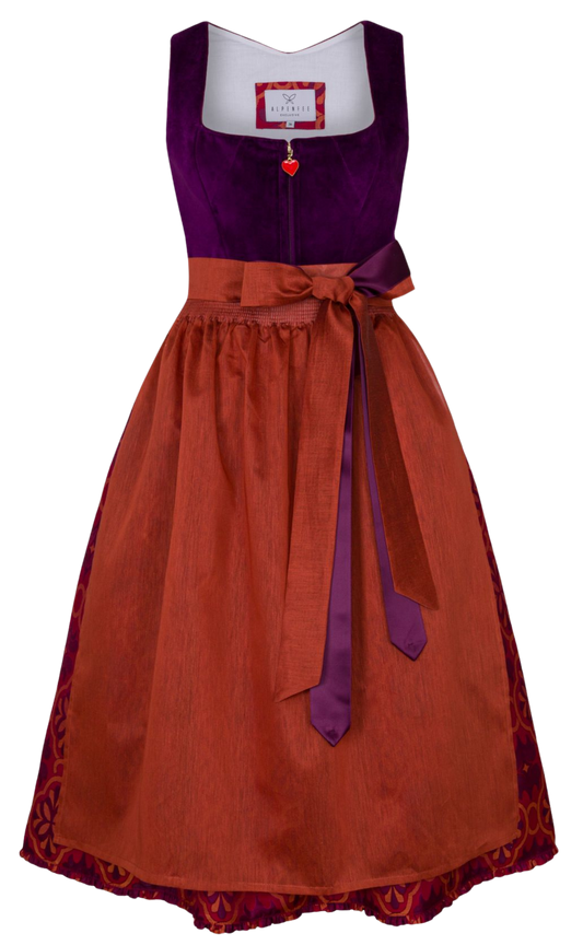 Dirndl Alpenfee, Fabienne, Orange, lila, rot, Samtdirndl, 75cm