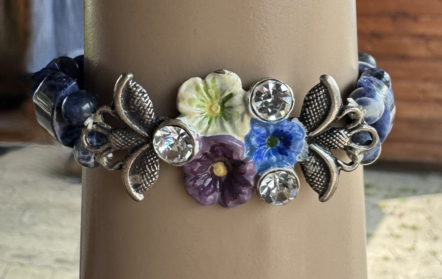 Trachten Armband, blau, Perlen, Steinchen, Blumen