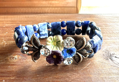 Trachten Armband, blau, Perlen, Steinchen, Blumen