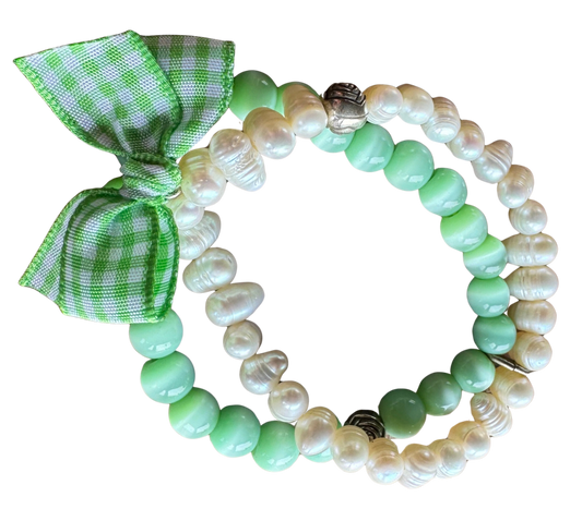 Trachten Armband, weiß, grün Perlen, kariert