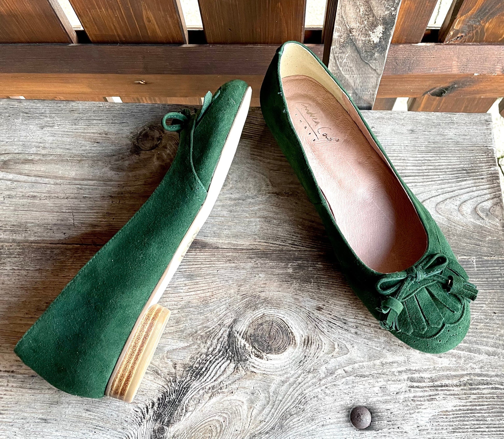 Ballerinas, Andrea Conti, Velour, dunkelgrün, Mokkasins