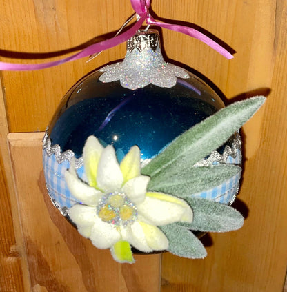 Christbaum Kugel, Weihnachtsschmuck, petrol, Edelweiß 10 cm Weihnachten Alpenfunkeln 