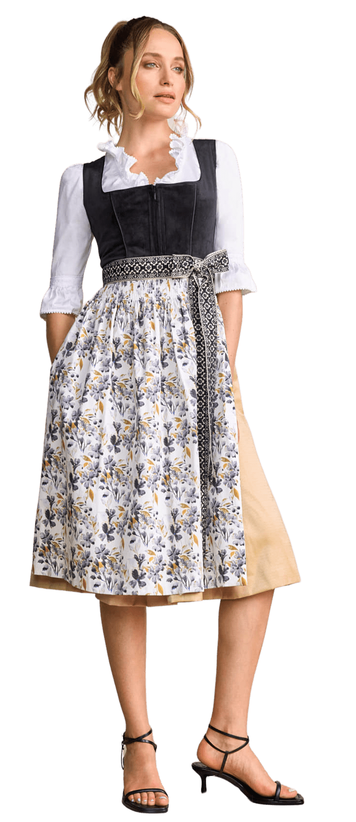 Dirndl Krüger Collections, Lona, Midi 70 cm, gelb, schwarz Samtdirndl Dirndl Krüger 